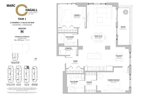 A floor plan for a two bedroom, two bathroom apartment at Marc Chagall Apartments in Côte Saint-Luc.